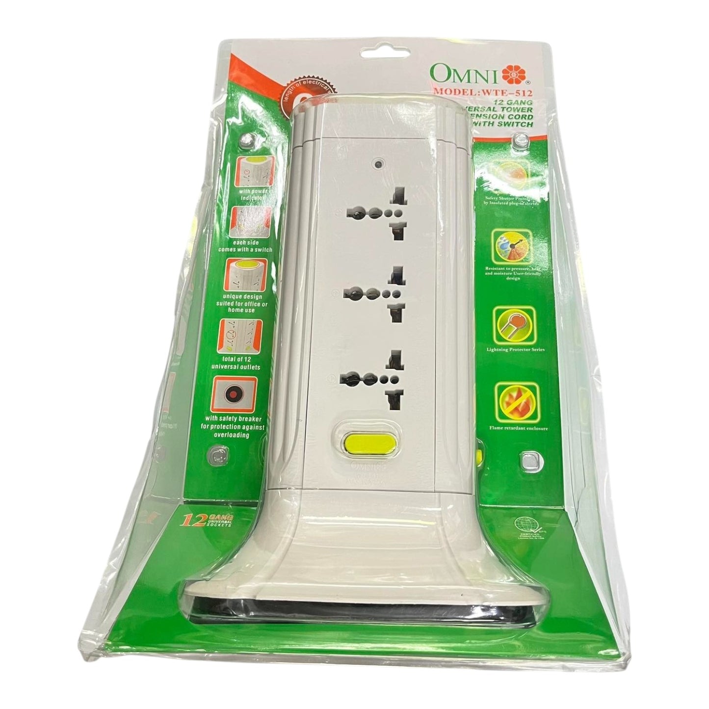 Omni 9 Gang Universal Outlet Tower Extension Cord 12 Gang With Switch (1.83 Meter) 2500W WTE-51210A 250V