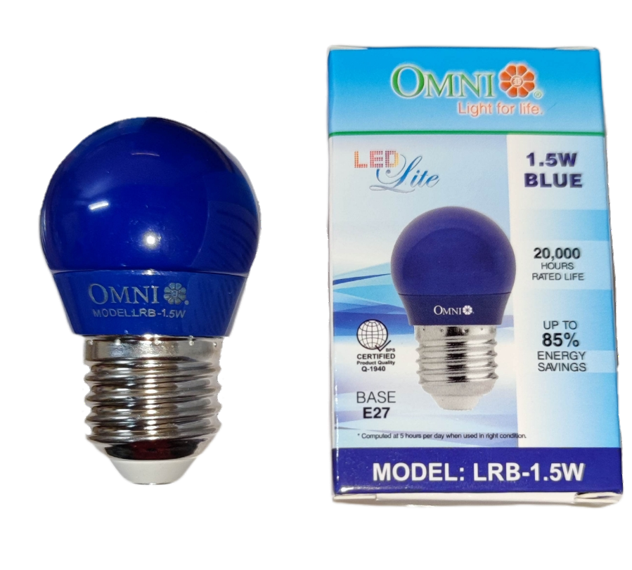 Colored Round Bulb LED E27 220V in blue, 1.5W with 20000 hours lifespan and energy-saving features