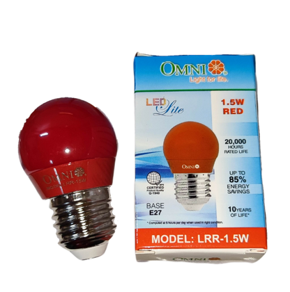 Omni Colored Round Bulb LED E27 220V in red with energy savings and 10-year lifespan