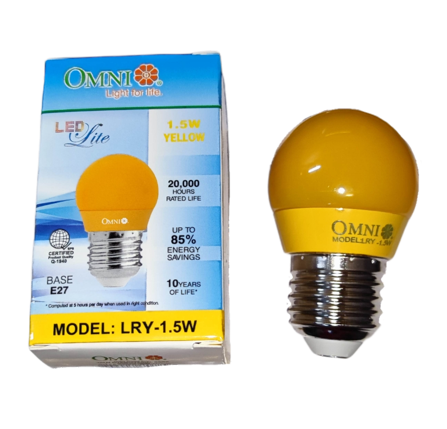 Omni Colored Round Bulb LED E27 220V in Yellow with 1.5W power and 20000 hours rated life