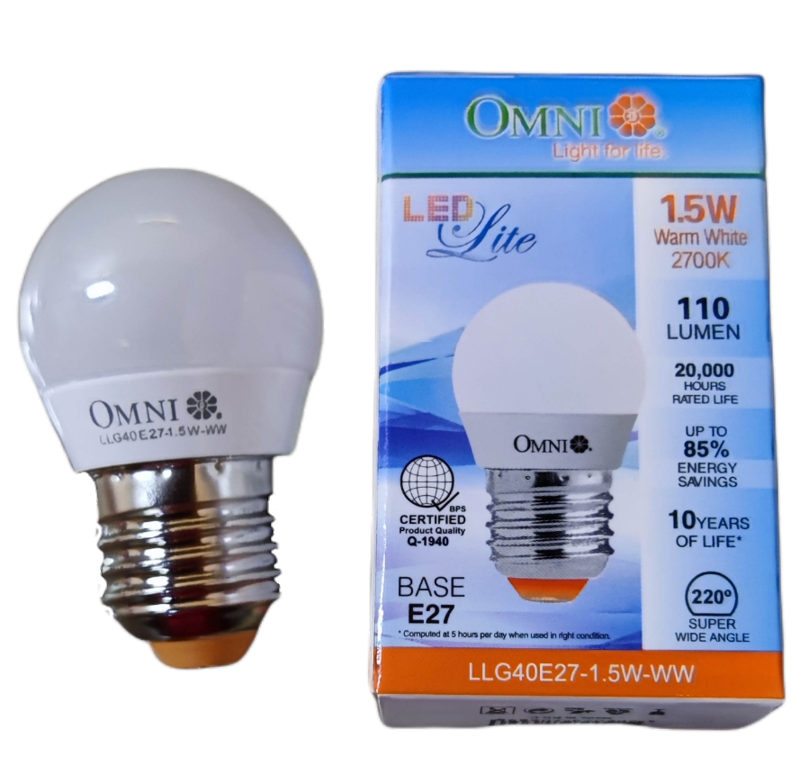 Omni energy saving LED bulb 220V with 1.5W power, 2700K warm white light, and 110 lumens output