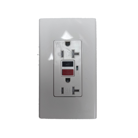 Omni GFCI outlet 20A 220V with reset and test buttons for enhanced safety in electrical installations