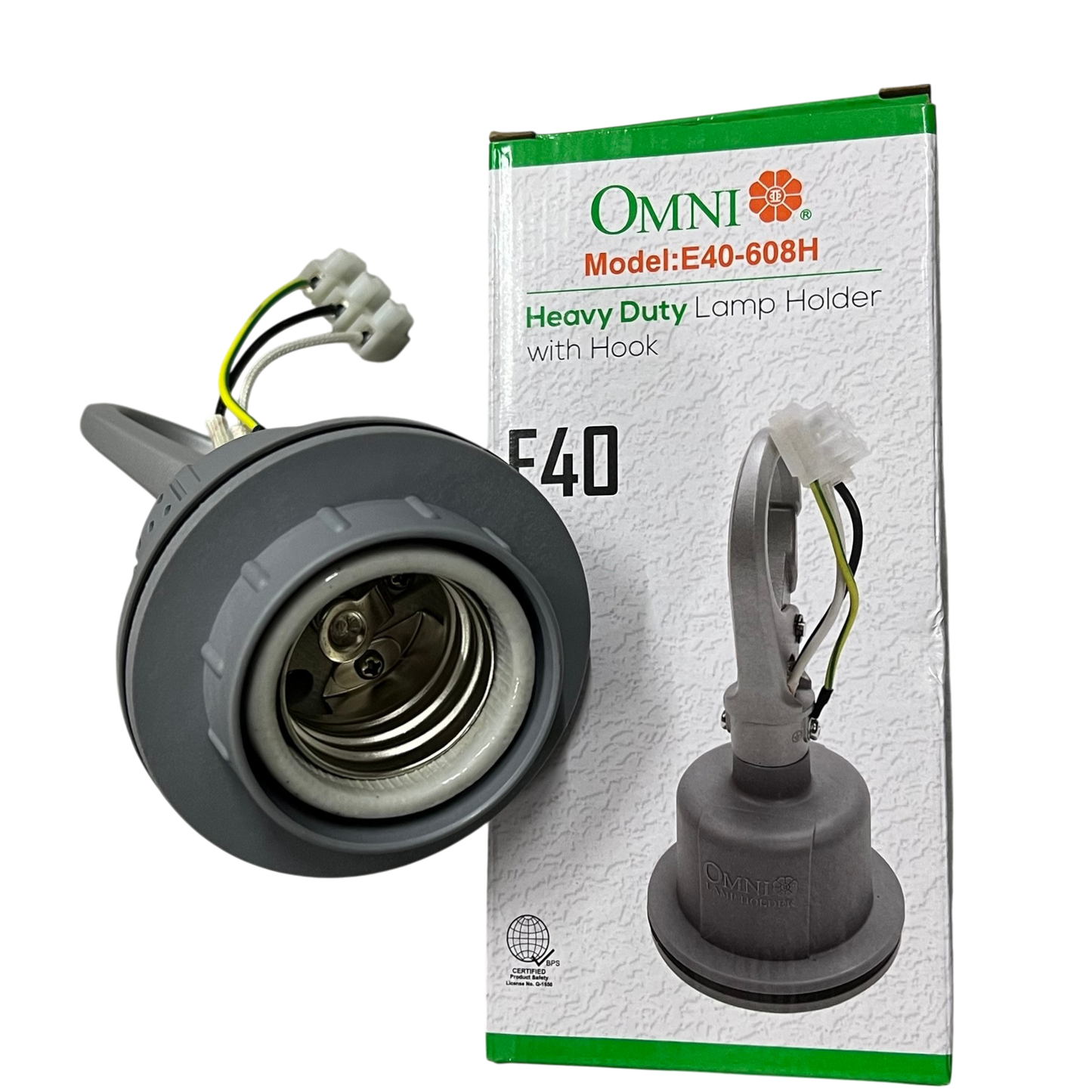 Omni heavy duty E40 lamp holder with hook for secure and durable lighting installations