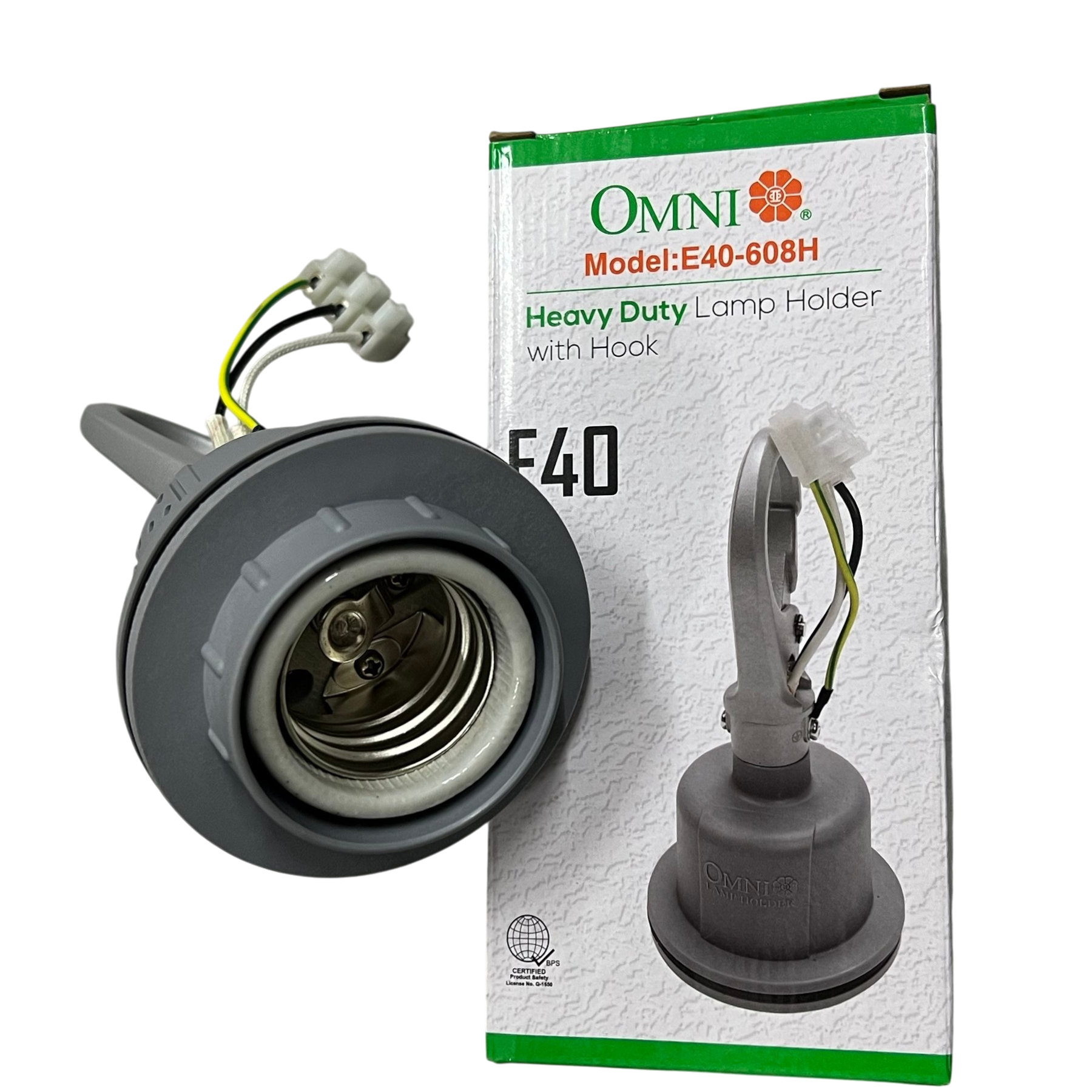 Omni heavy duty E40 lamp holder with hook for secure and durable lighting installations