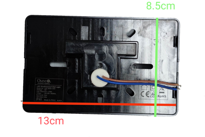 Omni LED wall light IP65 LWL-3WS1-WW back view with wiring and mounting dimensions of 8.5cm by 13cm