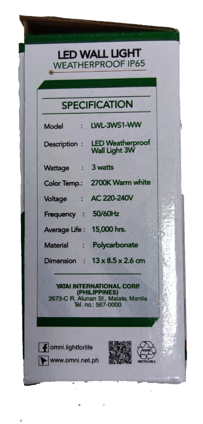 Omni LED wall light IP65 LWL-3WS1-WW with 3W power and weatherproof design for outdoor use