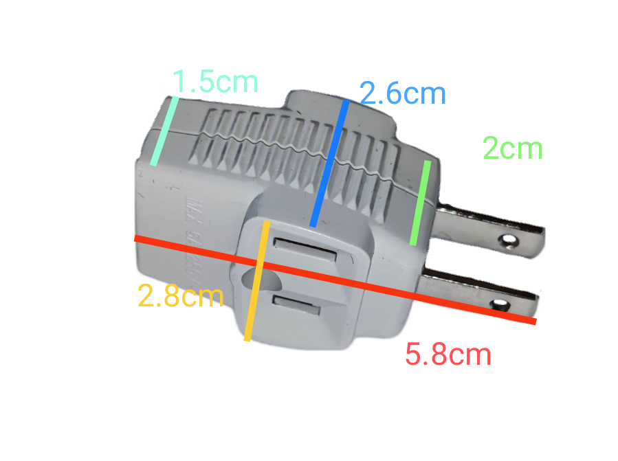 Omni triple top adaptor 10A 250V shown with measurements for size reference and design details