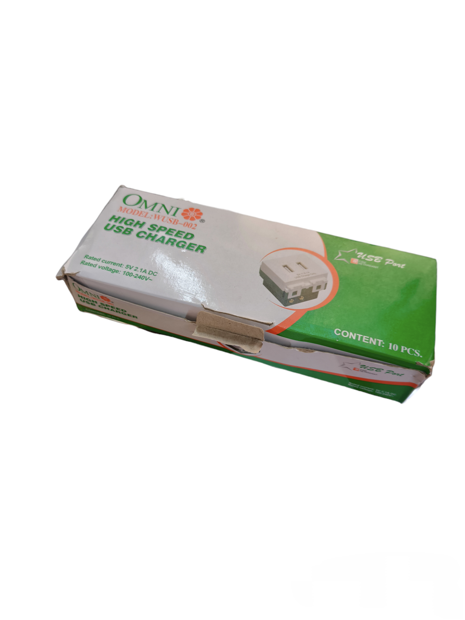 Omni USB Outlet 2 Gang 2.1A 5V WUSB-002 high speed USB charger in green and white packaging