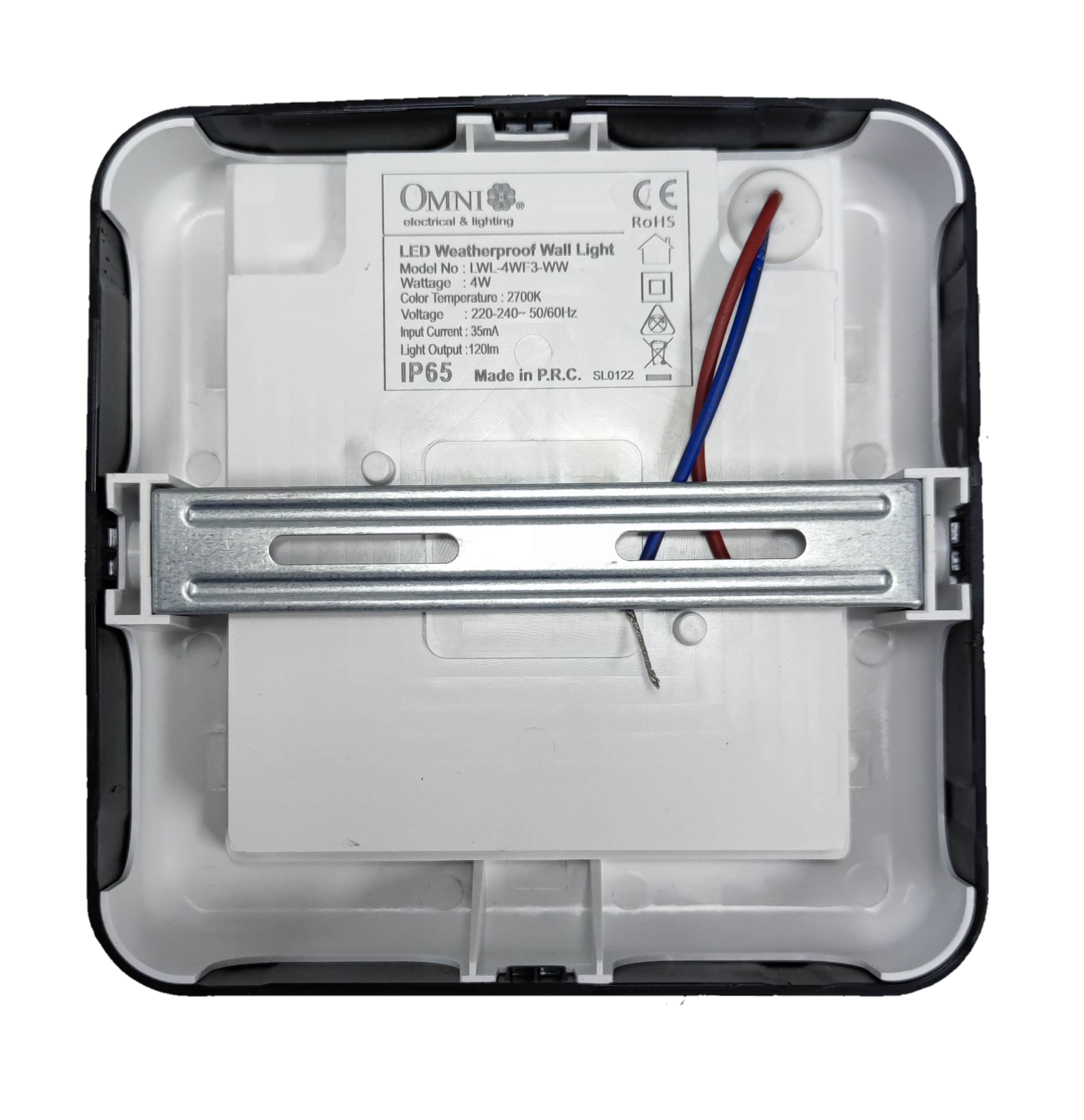 Omni weatherproof outdoor LED wall light Square 2700K with durable back panel and wiring setup