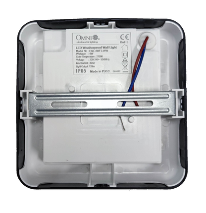 Omni weatherproof outdoor LED wall light Square 2700K with durable back panel and wiring setup