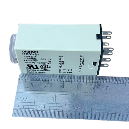 OMRON relay timer with front dial and visible pins on ruler Timer Relay 10 seconds 8 pins 110V