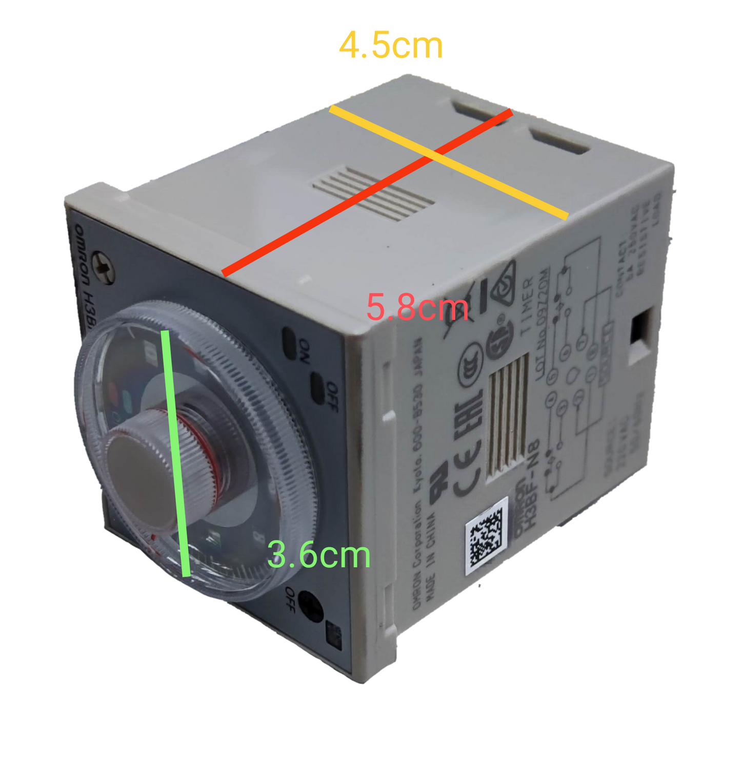 Omron timer relay 220V AC with adjustable timing dial and wiring connection details
