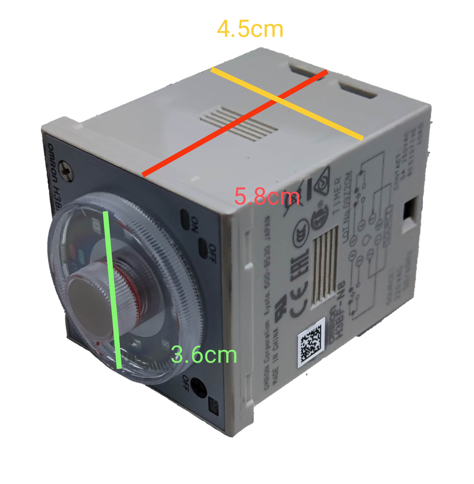 Omron timer relay 220V AC with adjustable timing dial and wiring connection details