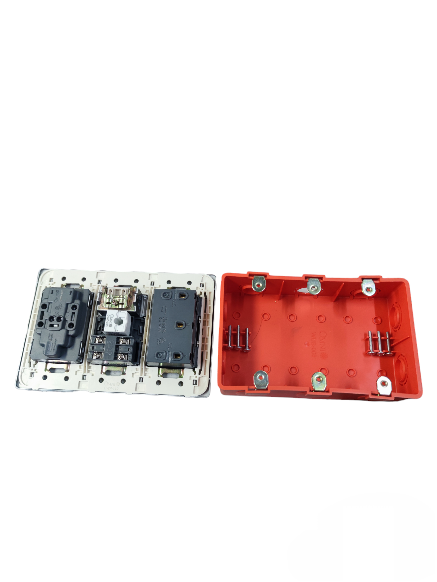 Omni combo lan telephone tv electrical outlet with red protective back cover for installation