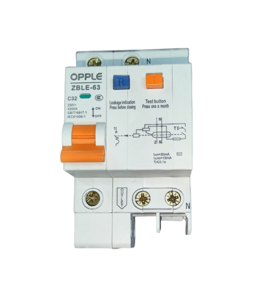Opple 32A 4.5 KAIC 30mA 220V electrical circuit breaker with test and leakage indication buttons