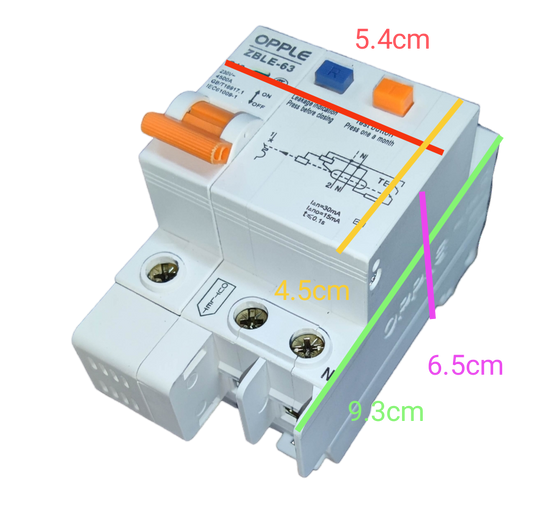 Opple 63A 4.5 KAIC 30mA 220V electrical circuit breaker with orange and blue buttons