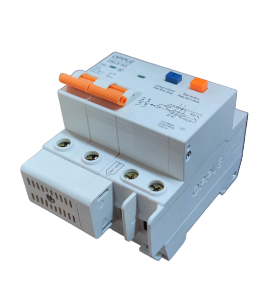 Opple 63A 4.5 KAIC 30mA RCBO electrical circuit breaker with orange toggle switch and wiring diagram