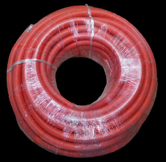 Poly brand orange electrical conduit hose coiled and wrapped in plastic for electrical installations