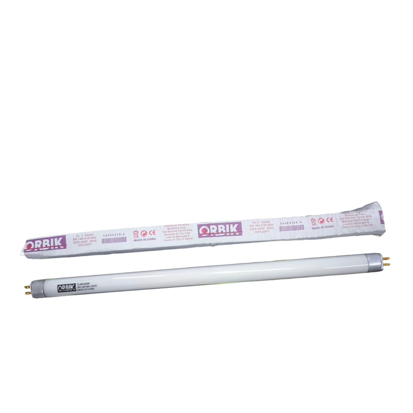 Orbik 8W T5 fluorescent tube 6500K providing bright, energy-efficient lighting for various settings