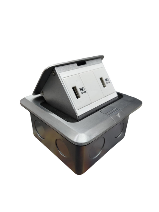 T&J Floor Outlet Pop-up 2 Gang USB Outlet with metal frame and dual USB ports for convenient charging