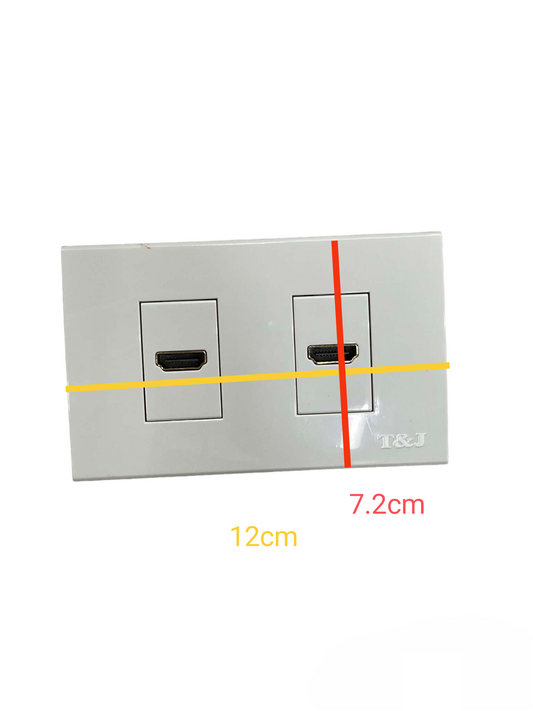 T&J HDMI Outlet with Plate Cover dual ports in white for wall installation with dimensions