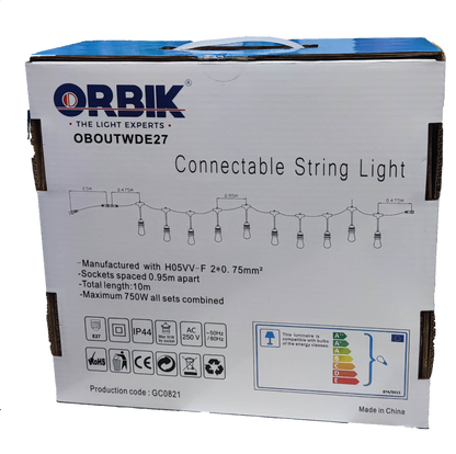 Orbik Outdoor LED String Lights E27 1W WW with connectable sockets and 10 meters length for outdoor decor