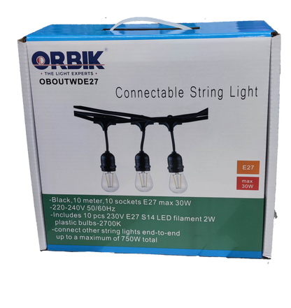 Orbik outdoor LED string lights E27 1W WW with 10 sockets and sleek design for outdoor decor
