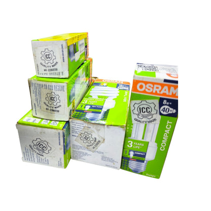 Five boxes of compact fluorescent light bulbs (CFLs) from OSRAM and ICC Quality Mark, arranged on a plain white background.