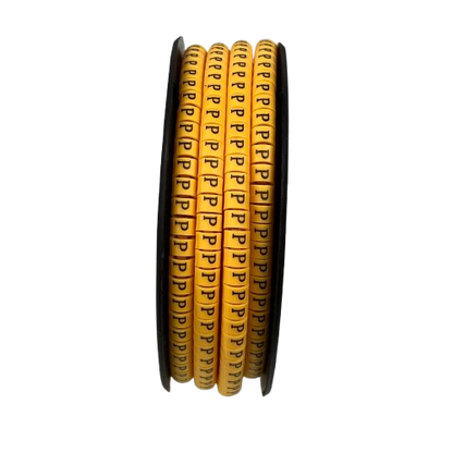 Roll of yellow cable management labels with black letter P P Marker 2.6mm to 4.2mm for wire identification