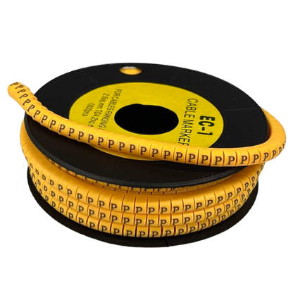 Yellow P Marker 2.6mm to 4.2mm cable management labels on black spool for wire identification