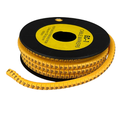 Yellow cable management spool with P Marker 2.6mm to 4.2mm printed labels for wire identification