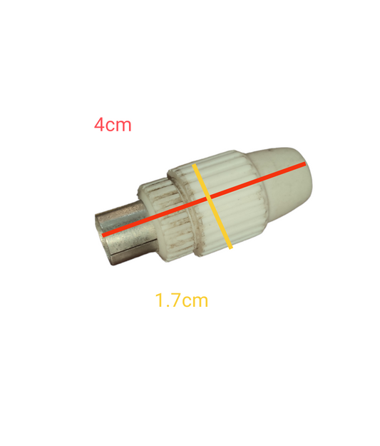 Local white PAL Plug Connector with metal tip measuring 4cm by 1.7cm for electrical circuitry parts