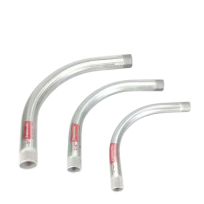 Set of three curved Panasonic metal conduit pipes with threaded ends for electrical wiring
