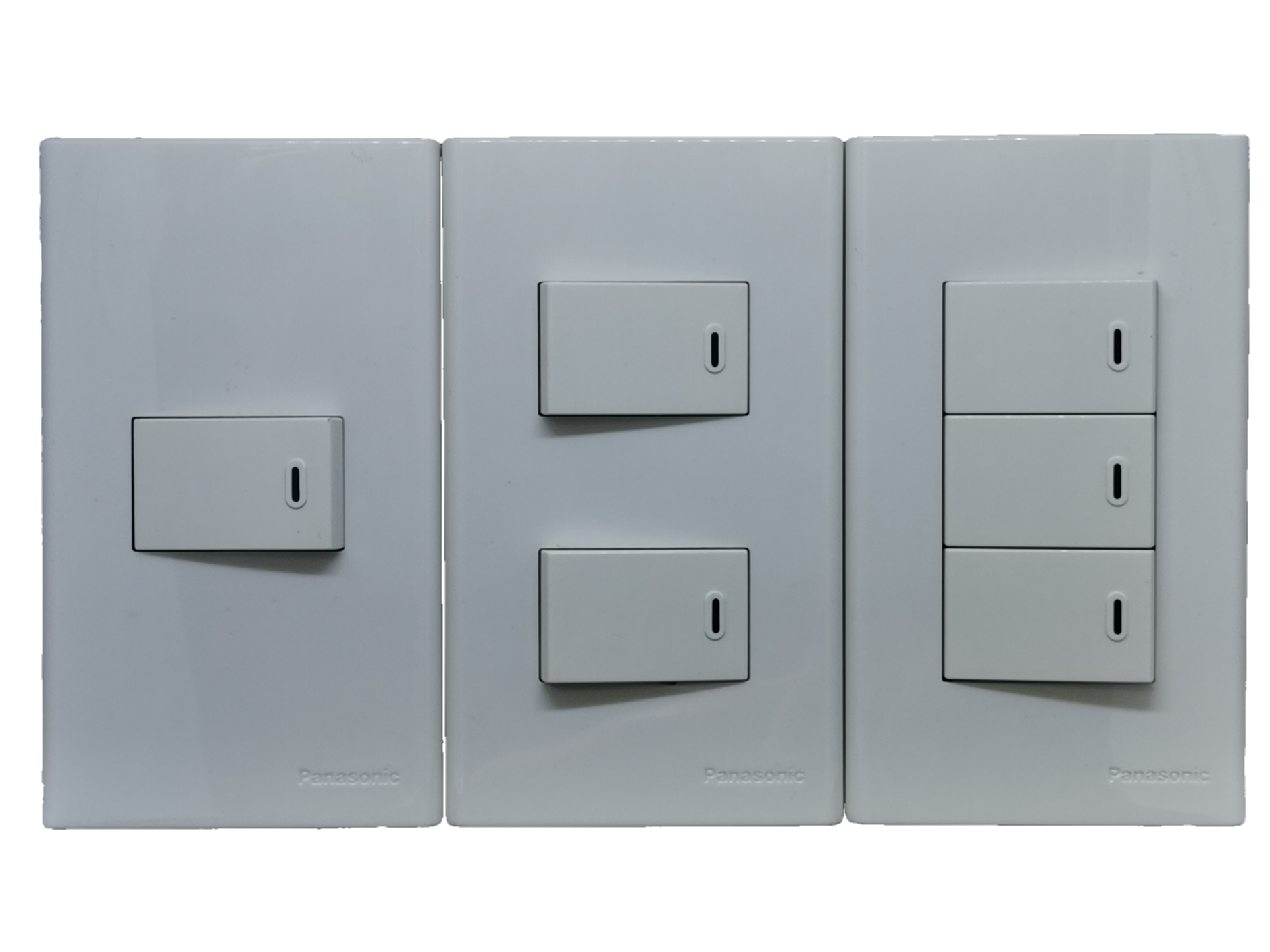 Panasonic 1 Way Switch 2 Gang Wide Series white wall plate trio showing single double and triple rocker switches