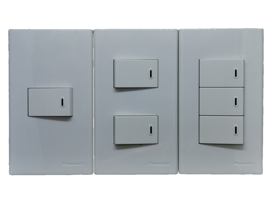 Panasonic 1 Way Switch 2 Gang Wide Series white wall plate trio showing single double and triple rocker switches