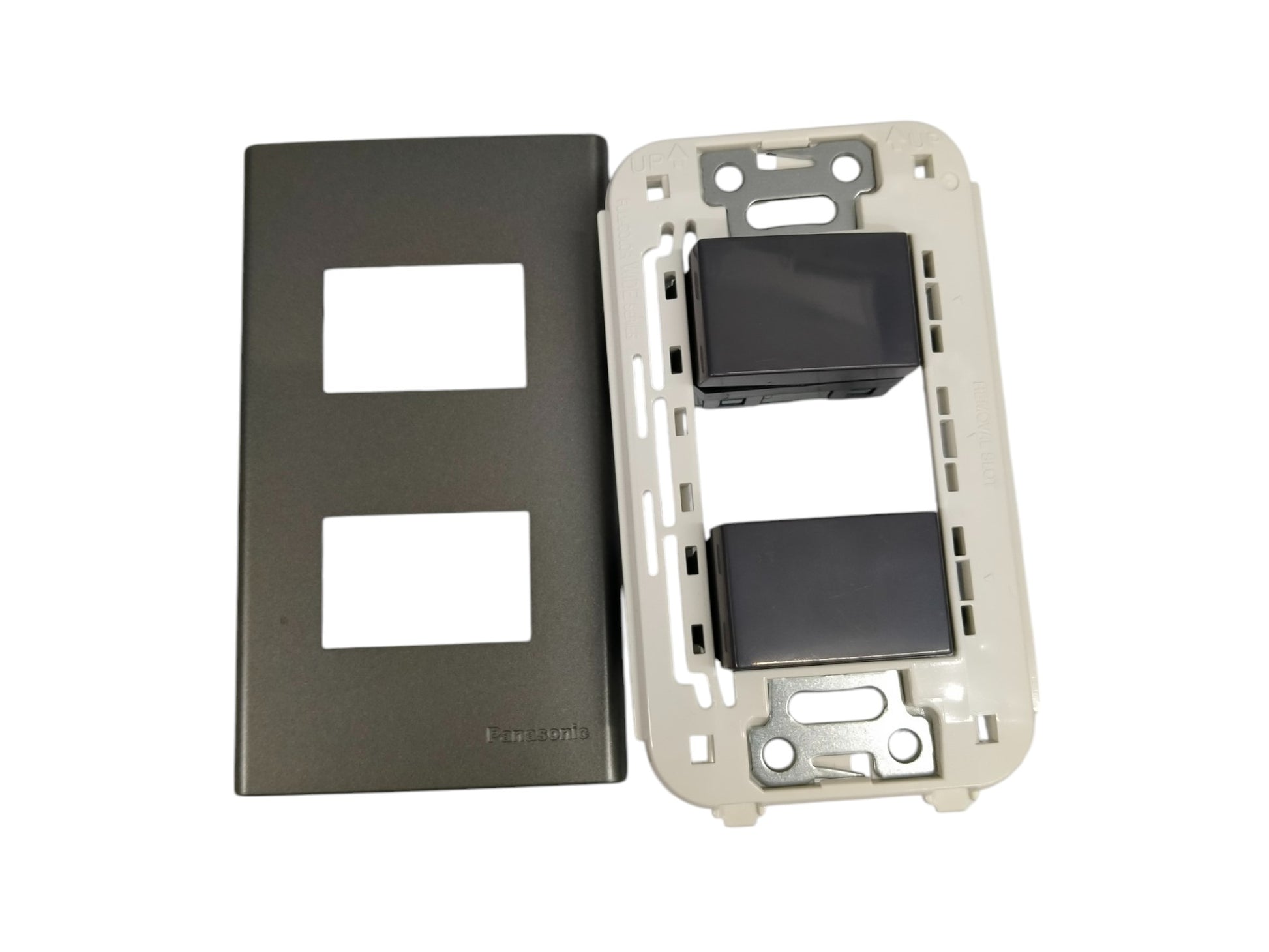Panasonic 2 gang combination switch with black cover plate and white mounting frame