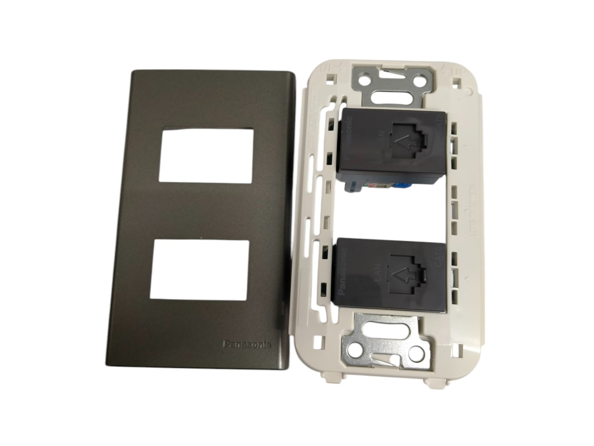 Panasonic 2 gang data outlet with black faceplate and dual ports for network connections