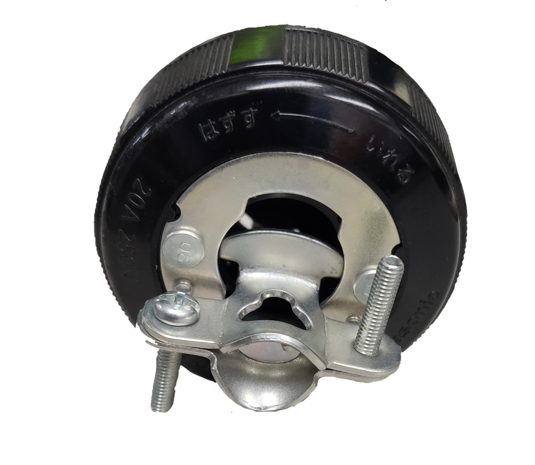Panasonic 20A Twist Lock Plug WF6320B sturdy black body with metal mounting clamp and screws for secure connection