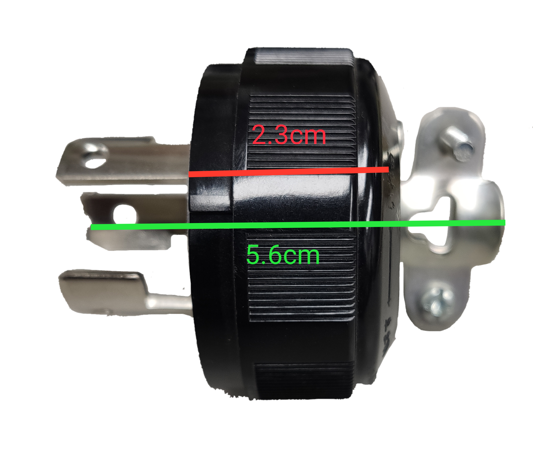 Panasonic 20A Twist Lock Plug WF6320B side view showing black body metal prongs and measurement markings