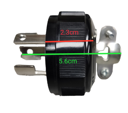 Panasonic 20A Twist Lock Plug WF6320B side view showing black body metal prongs and measurement markings