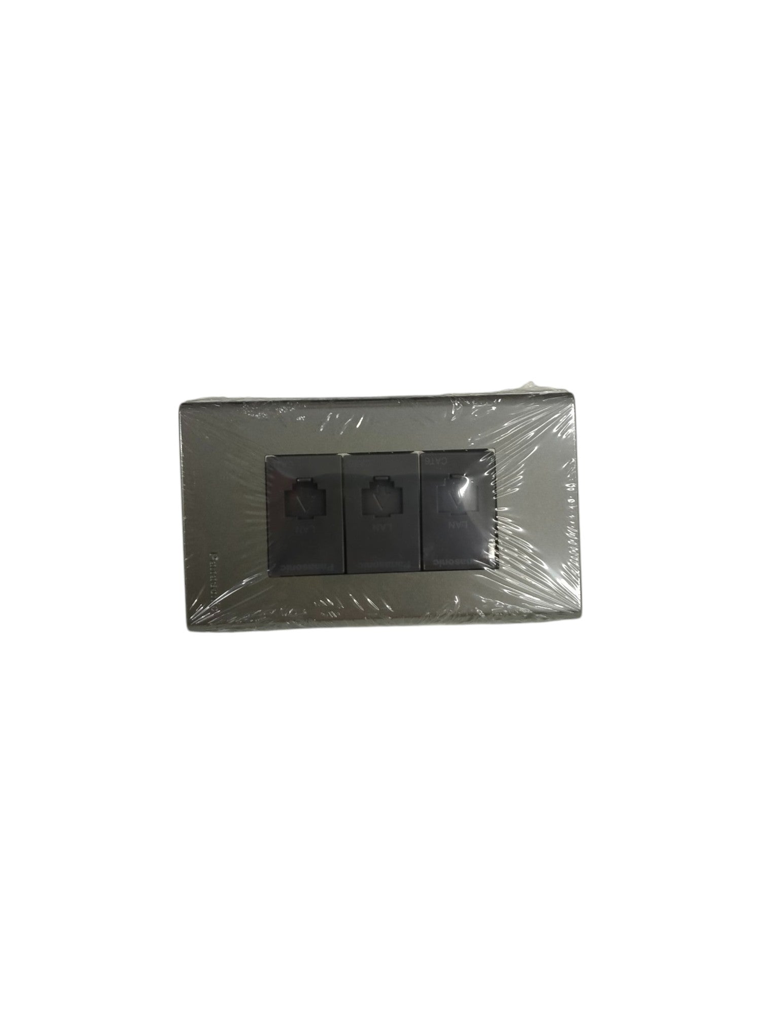 Panasonic 3 Gang CAT6 Data Modular Jack power point with three black ports in a silver frame