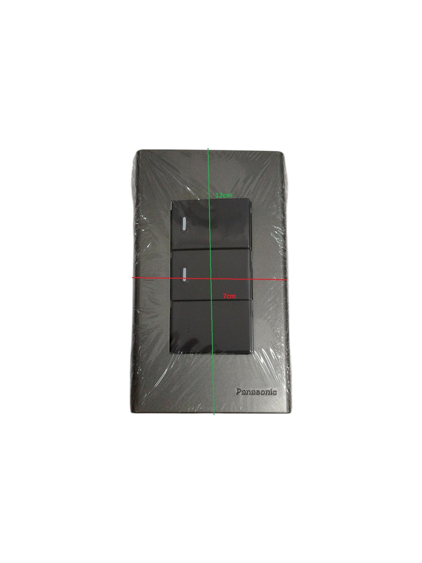Panasonic 3 gang switch with black buttons in sleek rectangular frame for wall mounting