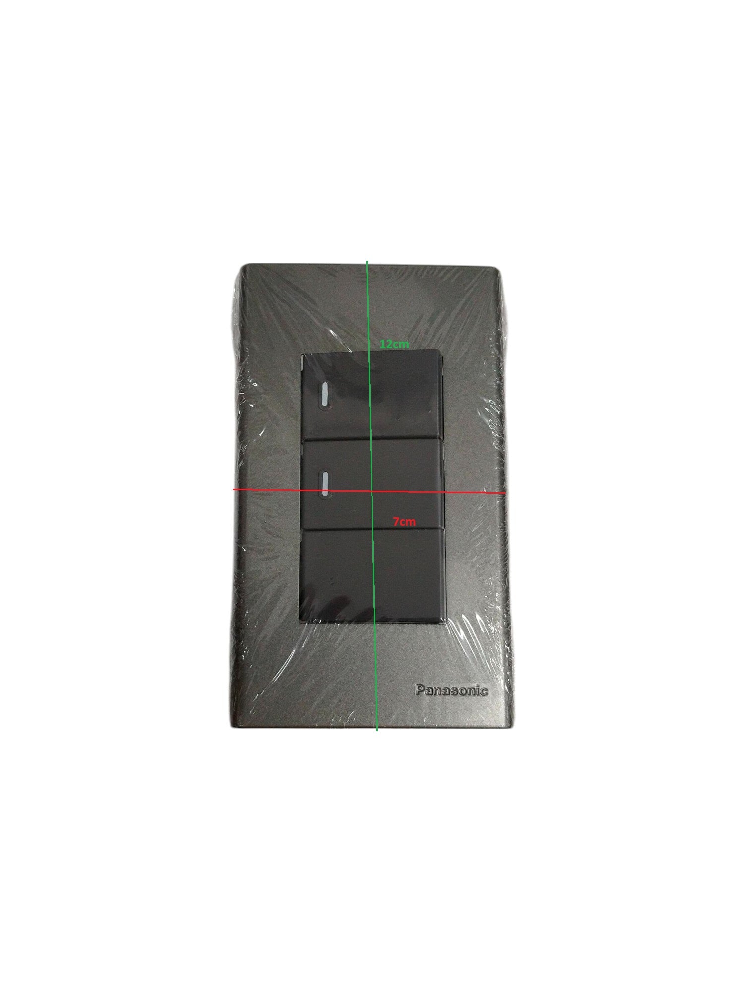 Panasonic 3 gang switch with black buttons in sleek rectangular frame for wall mounting