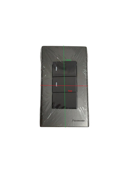 Panasonic 3 gang switch with black buttons in sleek rectangular frame for wall mounting