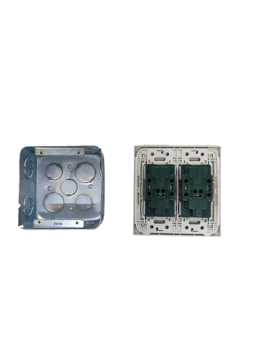 Panasonic 4 gang duplex outlet showing metal mounting box and white plastic switch panel