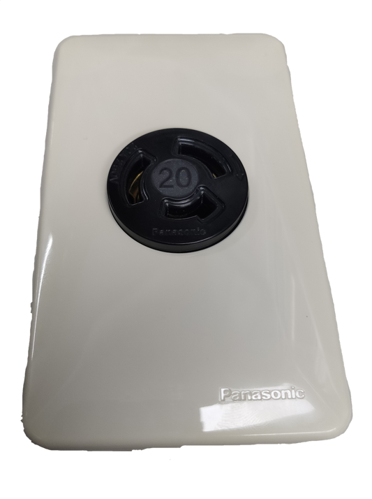 Panasonic white wall plate with black industrial twist lock outlet 250V 20a marked 20 for heavy duty power
