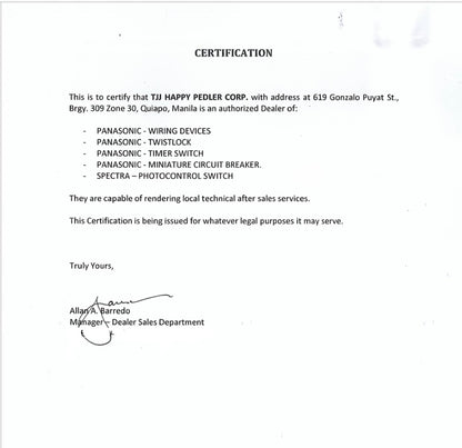 Panasonic NEMA L6 250V industrial outlet certification letter showing authorized dealer and product list