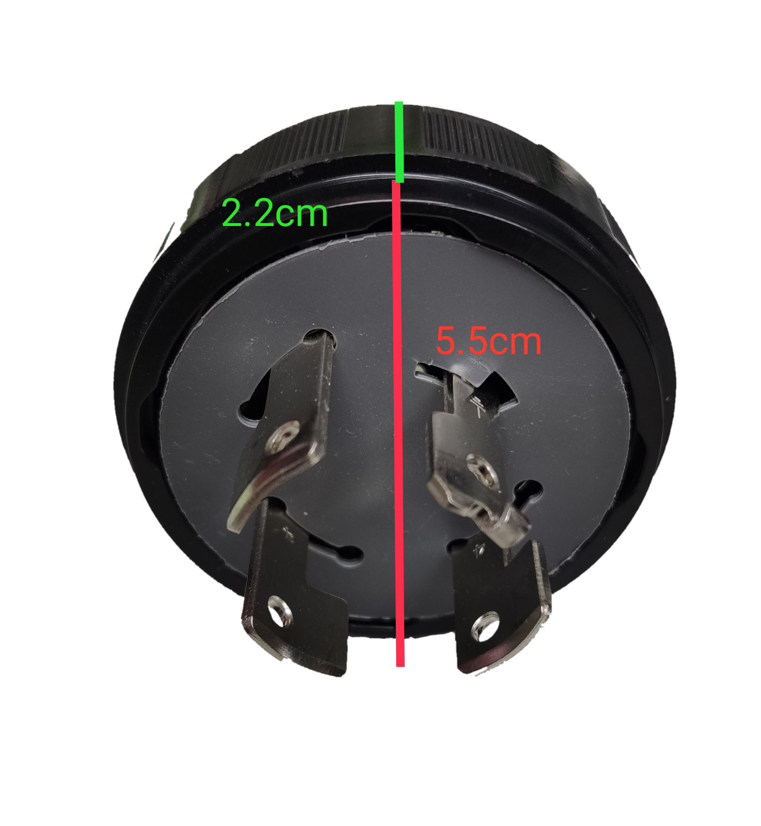 Front view of Panasonic 20A twist lock plug 4Wire black circular power plug with four metal terminals