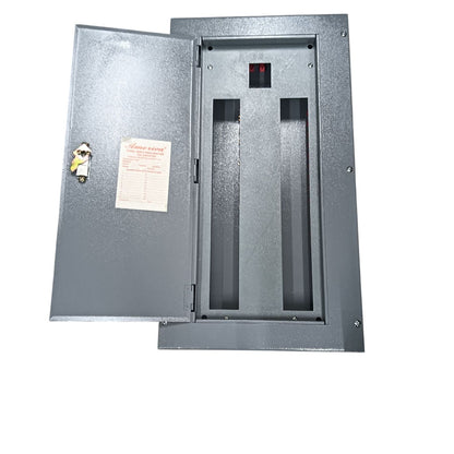 2 pole bolt on panel board in gray metal housing with a locked door and interior access points