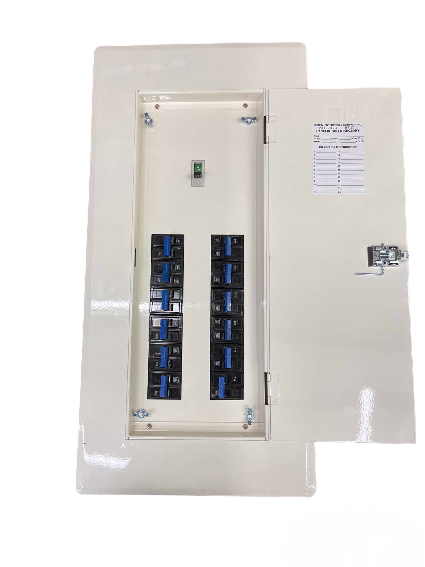 Koten and Taiyou Panel Board 200A 250SP 2Pole Main electrical circuit breaker panel with open door